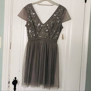 Altar’d State soft grey event mini dress, beautiful beaded bodice size medium